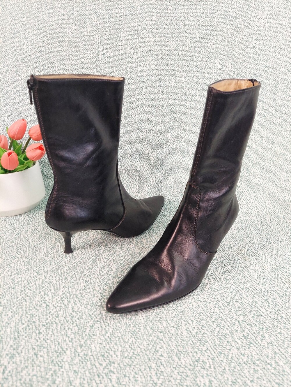 Vintage Y2K J. Crew Black Leather Mid-Calf Kitten-Heel Boots, Italy, Sz 8